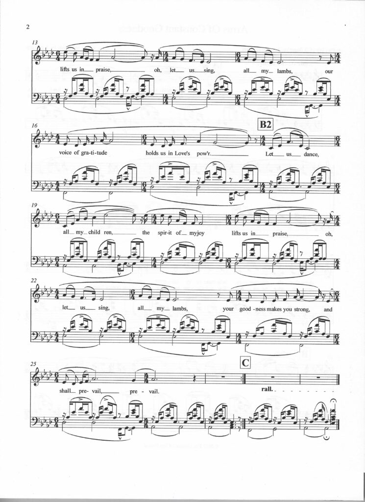 Second page of the spiritual song entitled "Arms Of Constant Goodness" by d. g. watts, for vocalist and guitar. Copyright 2024 The Kindred Of The Eternal.